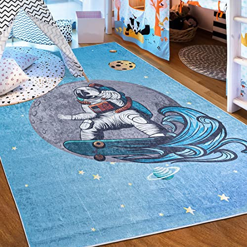 Mazovia Kinderzimmerteppich Antirutsch - Waschbar bis 30 Grad - Planeten Weltraum - Kurzflor Kinderteppich Teppich für Kinderzimmer - ÖKO-TEX - Teppiche Junge Mädchen Blau 140 x 200 cm