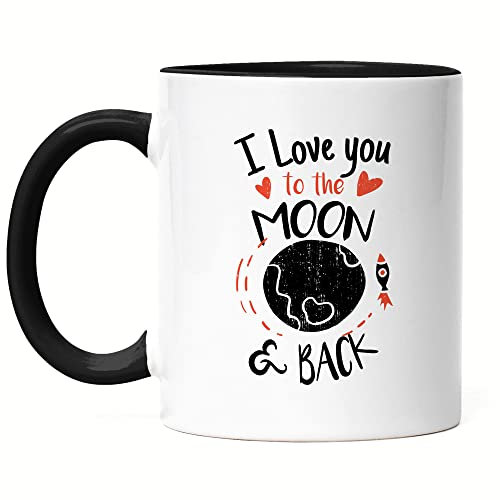 Hey!Print I Love You To The Moon and Back Tasse Schwarz Liebeserklärung Liebesbeweis Unendliche Liebe Verliebt Herzblatt