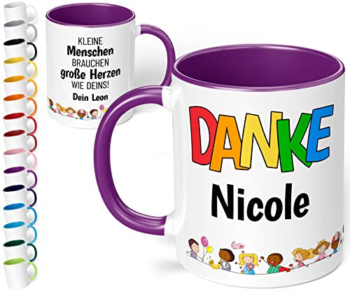 Kita Abschiedsgeschenk für Erzieherin: Kaffee-Tasse personalisiert mit Namen „Danke WUNSCHNAME – Kleine Menschen brauchen große Herzen wie Deins!“ - Dankeschön Kindergarten Krippe (Violett)