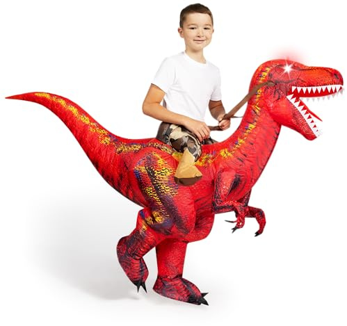 Spooktacular Creations Aufblasbares Dinosaurierkostüm für Kinder, T-Rex-Kostüm mit LED-Leuchtaugen zum Aufsitzen, Reiten auf einem Raptor, digital bedruckte, luftaufblasbare Halloweenkostüme
