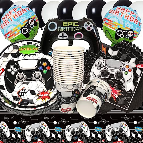 Vajilla de Cumpleaños de Videojuegos,Doyomtoy 76 piezas Decoración de Mesa de Cumpleaños Game Globos Platos Cumpleaños Platos Servilletas Vasos para Fiesta de cumpleaños para niños, Y0073-A