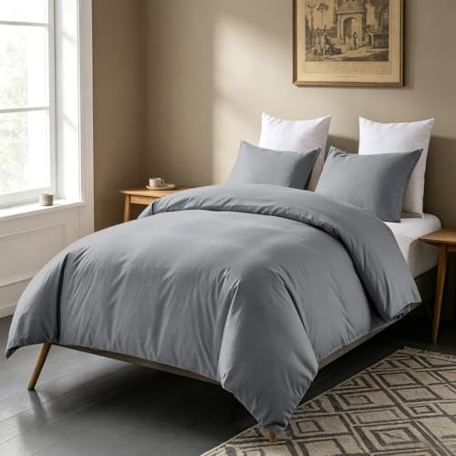 Beqnat Biancheria da letto 200 x 200 cm, 3 pezzi, copripiumino in microfibra, grigio, copripiumino da 200 x 200 cm, con 2 federe da 80 x 80 cm, copripiumino non necessita di stiratura e morbido