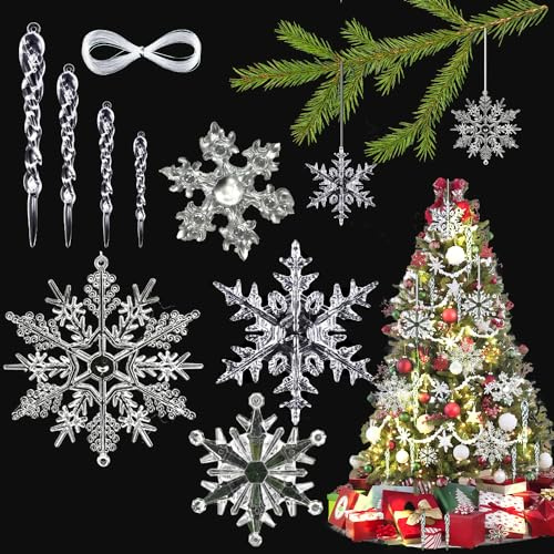 Adornos para árbol de Navidad, Carámbanos de Navidad Adornos Set, Acrílico Transparente Copos de Nieve Navideños con Cordón, Fiesta de Invierno Fiesta de Hielo y Nieve, 24 Pcs