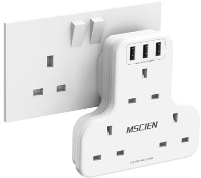 Mscien Plug Extension with USB, 3 Way Plug Adapter Multi Plug Adaptor Sockets Extension Turn 1 into 3, Compact Plug Extender