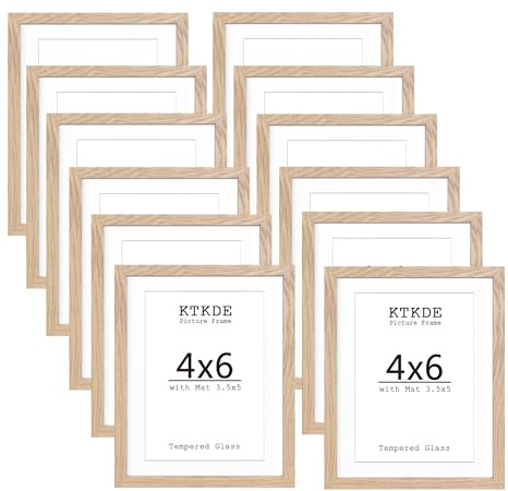 KTKDE 4x6 Picture frame Set of 12,Nature Woodgrain Photo Frame 3.5x5 mat or 4x6 Without Mat, 4 by 6 Tempered Glass small picture frames for Wall or Tabletop Home Decor best gift