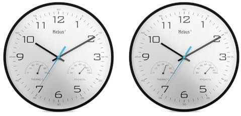 Mebus Temperatur und Luftfeuchtigkeit Analoge Quarz Wanduhr mit Thermometer und Hygrometer, Kunststoff, Schwarz, 30 cm Durchmesser, 16180 (Packung mit 2)