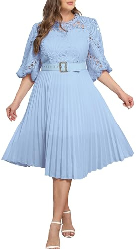 IWFEV Plus Size klänning puff ärm spets veckad klänning kortärmad plus size midi-klänning ihålig fest aftonklänning, BLÅ, XL stor