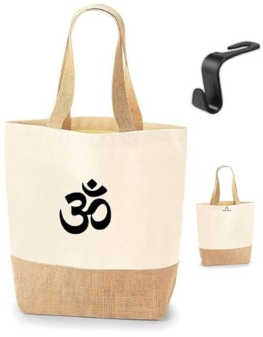 Moderne Om Baumwolltasche - Shopper Tasche Damen - Stoffbeutel aus Jute u. Baumwolle. Perfekte Große für unterwegs. Breite laminierte Juteboden. Nachhaltig. Inkl. praktischer Auto-Kopfstützenhaken