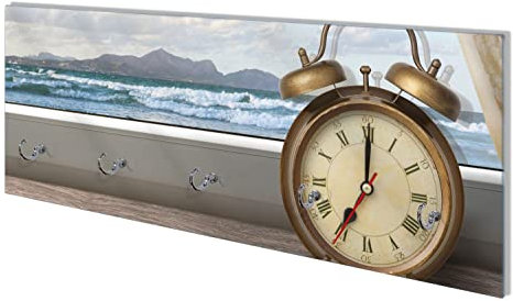 Wallario Wandgarderobe aus Glas in Größe 80 x 30 cm mit Memoboard-Funktion, Motiv: Guten Morgen SAGT das Meer - Wecker und Vorhang am Fenster | 5 Kleiderhaken zum Aufhängen von Jacken