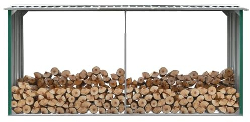 Swpsd Galvanized Steel Firewood Storage Shed with Steel Floor Frame - 330 x 92 x 144/153 cm - Green 47086