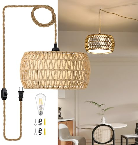 ALAISLYC Boho Rattan Pendant Lights Farmhouse 12 Inch Plug in Chandelier Light Fixture Rustic Wicker Hand Woven Pendant Hanging Light with Cord for Dining Room Kitchen Bedroom Foyer Hallway