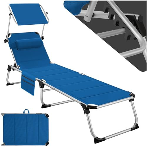 tectake® Sonnenliege mit Dach, Liege klappbar mit Kopfkissen + Seitentasche, zusammenklappbar, leicht tragbar, Strandliege, Liegestuhl klappbar für Garten, Sonnenliege Camping - blau