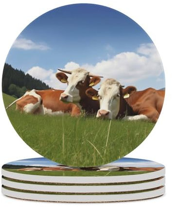 Untersetzer mit niedlichen Kühen auf Gras, saugfähig, Keramik-Stein, Getränkeuntersetzer mit Halter, Keramik-Untersetzer mit Korkboden, 10,2 cm, Tischschutzmatte für Heimdekoration, Küche, Bar
