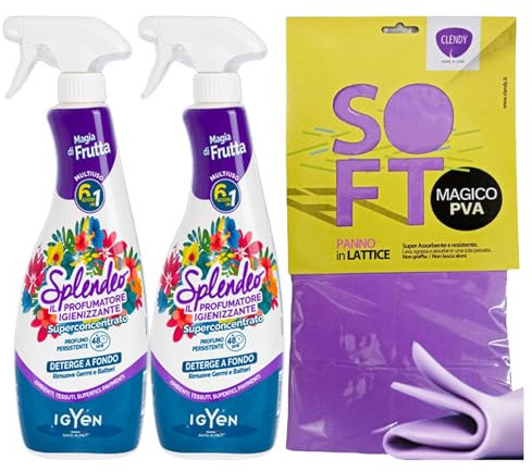 Detergente Multiuso Spray, Profumatore Igienizzante Superconcentrato, MAGIA DI FRUTTA. Deterge, Rimuove Germi e Batteri. Per Ambienti, Tessuti, Superfici, Pavimenti 750ml (2 Spray)+Panno In Lattice