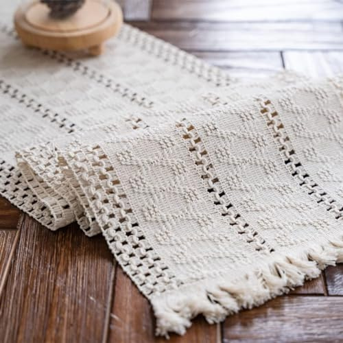 Weldomcor Makramee Baumwollflachs Mesh Tischläufer Beige 30x90cm | Rechteckige Abwaschbar Tischläufer mit Quasten, Boho Vintage Bauernhaus, Ideal für Küche Hochzeit Esszimmer Feierlichkeiten