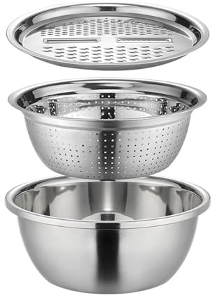 Edelstahlsieb mit Rührschüssel und Reibe, Reisspüler, Waschschüssel, Sieb, Schüssel, Abflusskorb, multifunktionales Küchenbecken für Salat, Gemüse, , Reis, Nudeln, Vorbereitung