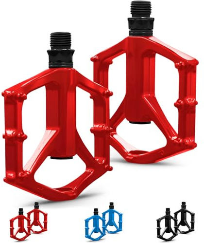 RainFlowwer Mountain Bike Pedals, Road MTB Flat Pedals, Non-Slip Lightweight Aluminum Alloy Bicycle Pedals, Fits 9/16 Road Mountain BMX MTB Bike Pedal (Red)