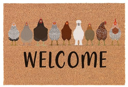 Welcome Doormat Coco Coir Door Mat Gift Welcome Chickens Farm White (24 x 16)
