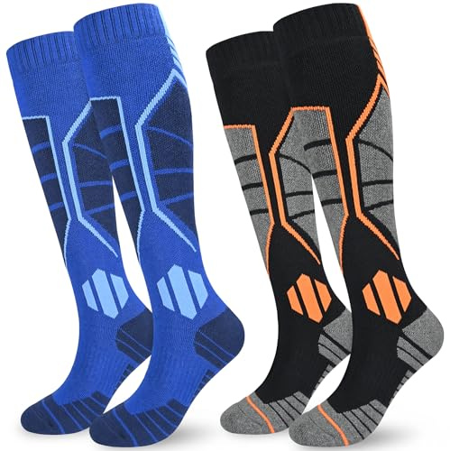 KOOOGEAR 2 Pairs Mens Ski Socks Thermal Sports Socks,Long Knee High Ski Socks Men UK 9-12,Winter Warm Anti Blister Full Cushioned Athletic Socks for Skiing Snowboard Camping Trekking Walking