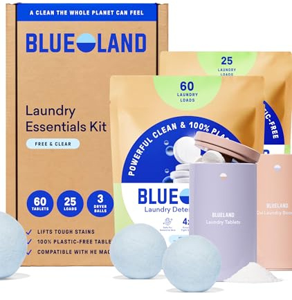 BLUELAND Laundry Essentials Kit, Fragrance Free - Plastic-Free Laundry Detergent Tablets, Oxi Booster, and Reuseable Natural Wool Dryer Balls