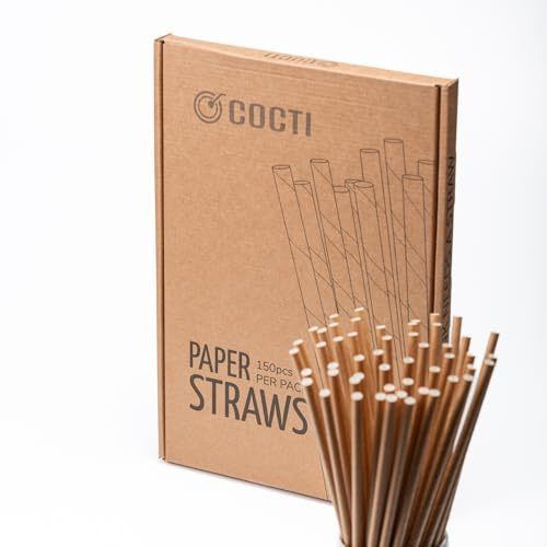 Cocti Pajitas de Papel - 100% Biodegradables, Duraderas, Sin Mal Sabor a Papel, Aptas para Bebidas Frías - 200mm x 6mm, Marrón 150uds.