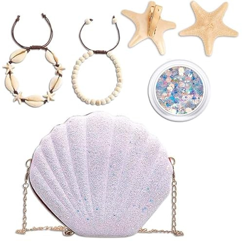 WUERKIYA Damen Clutch Glitzer Muschel Abendtasche, Damen Meerjungfrau Kostüm - Sirenen Kostüm inkl. Muschelarmbänder, Meerstern-Haarspange, Tasche und Glitzer