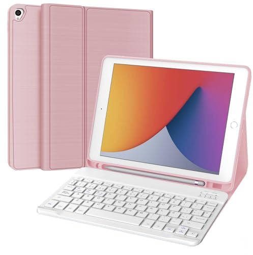 WINCHKING Funda Teclado para iPad 9/8/7 Generación 10.2 2021/Air 3/Pro 10.5 | Desmontable Funda con Soporte, Magnético Bluetooth Teclado para iPad 10.2 2021/2020/2019, QWERTY Español Ñ, Rosa