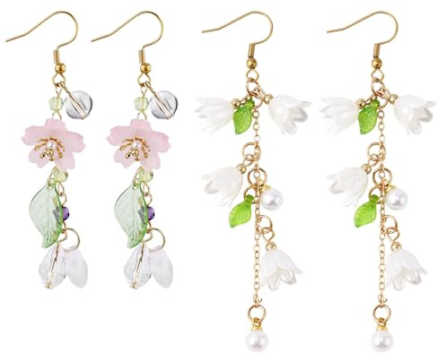 2 Paar Blumenohrringe für Damen, Ohrringe Damen Gänseblümchen Perlenohrringe Blumenquastenohrringe Persönlichkeit Lange Ohrringe für Frauen und Mädchen Blumenanhänger-Ohrringe