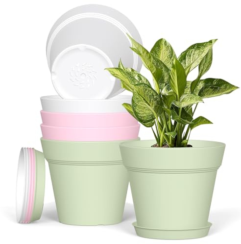 Plastic Plant Pots Indoor Outdoor, 6 Pack 6Inch/15CM Plant Pots Flower Pot with Drainage Holes and Tray,Modern Decorative Planter Pot for All House Plants(Colorful)