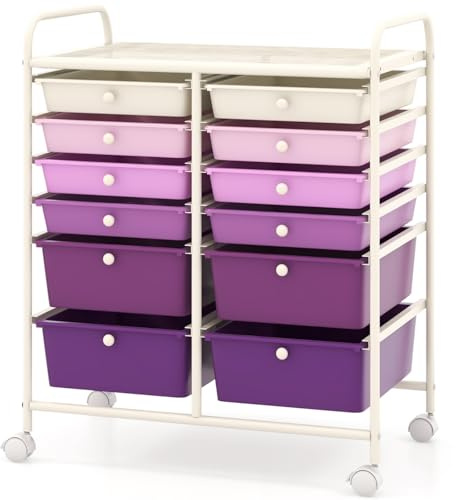 TANGZON 12 Drawers Mobile Storage Trolley, Multipurpose Rolling Cart with Lockable Wheels, Utility Trolley Unit for Home Office Organisation Stationery Beauty Salon (Gradient Purple)