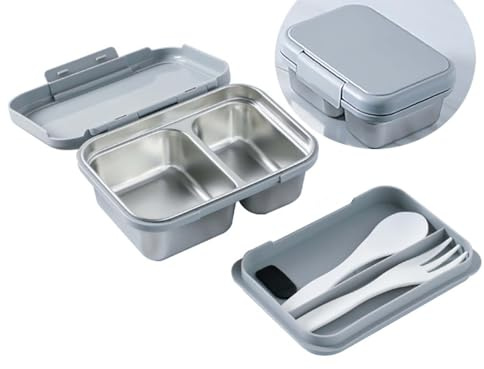 GRFELI Boîte à bento en acier inoxydable - Passe au micro-ondes - Anti-fuite - Avec compartiments - Boîte à déjeuner japonaise en métal - Passe au lave-vaisselle - 800 ml (gris)