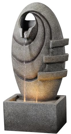 Teamson Home Garden Outdoor Water Feature Modern Oval Water Fountain With Warm LED Lights Grey | Warm Glow