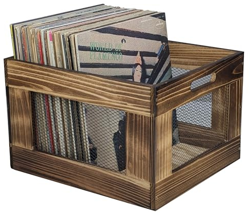 ARTAWEIN Vinyl Record Storage Crate, Wooden Record Holder for Albums - Holds up to 80-100 LPs, Rustic Vintage Style Organizer Box with Handles, Easy Assembly Display for Music Room & Office