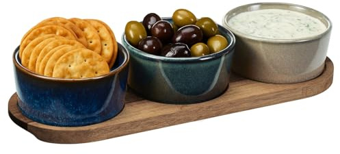 Murago - Tapas-Set Tierra? 4-teilig - Servierset mit 3 Keramikschalen in Naturfarben & Akazienholztablett ? Dipschalen Snackschalen Antipasti mediterran ? Spülmaschinengeeignet