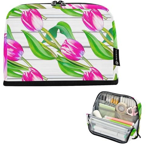 Estuche grande con cremallera para lápices, diseño de tulipanes rosados, hojas verdes, color blanco, estuche de almacenamiento para lápices, para niñas, aula, artículos de papelería floral