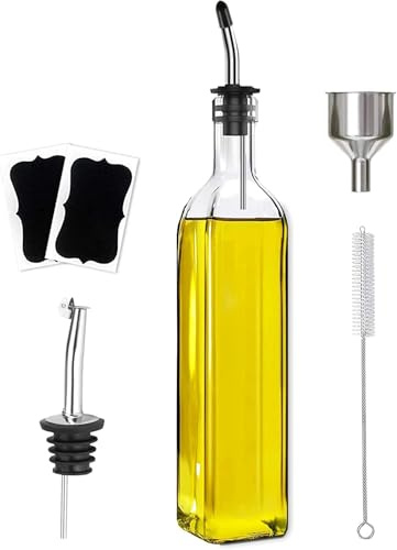 Leaflai Olive Oil Dispenser Bottle, 1 Pcs Glass Olive Oil Dispenser and Vinegar Dispenser Set with 2 Stainless Steel Pourers, 2 Labels,1 Brush and 1 Funnel Oil Bottles for Kitchen (500ml)