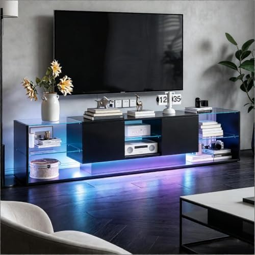 Mobile TV moderno con LED, armadio TV lucido con 3 ripiani e 2 cassetti, armadio per TV per soggiorno e camera da letto, mobile tele, ripiani aperti in vetro (nero, 200 x 35 x 45)