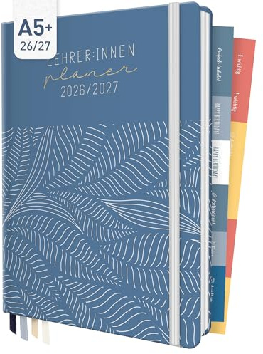 Häfft® Lehrer-Planer 2026/2027 im A5+ Format Fine Leaves Blue | Praktischer Lehrerkalender & Schulplaner mit Hardcover, 4 Lesebändchen, Stickern, Notenlisten & vielem mehr!