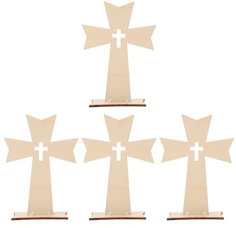 Alipis 4 Cruces de Madera para Decoración Religiosa de Altar y Hogar Cruz Cristiana de Mesa Artesanal sin Pintar Tamaño Mediano Bordes Facetados Adecuado para Bautizos y Espacios de