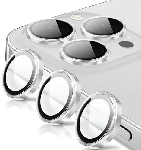 Coiwxmoi Protezione Fotocamera per iPhone 15 Pro/15 Pro Max,Durezza 9H Vetro Temperato Posteriore Copri Telecamera & Anello in Metallo,Pellicola Proteggi Obiettivo HD Chiaro Anti-graffio Lente,Argento