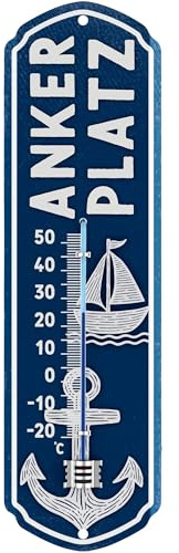 LANOLU retro Ankerplatz Thermometer analog für innen und aussen, maritime Anker Deko für Garten Terrasse Balkon, Thermometer aussen vintage, 8x28 cm