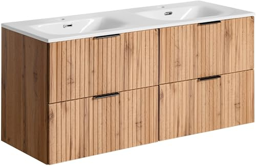 WFL GROUP Doppelwaschtisch-Unterschrank mit 2 integrierten Keramik-Waschbecken – Wandhängend, Geriffelte Soft-Close-Schubladen, Rillenfronten in Eiche Hell Braun – 120 cm Breit