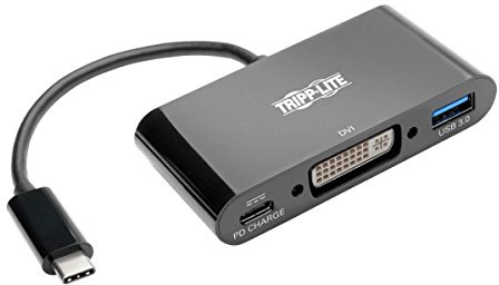 USB-C (Type-C) to DVI Adapter with USB-A Hub, Thunderbolt 3, 1080p, PD Charging, Black, 15.24 cm