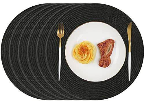 Homcomodar Juego de 6 Manteles Individuales Redondos de Algodón 34cm Negro Trenzado Antideslizante Salvamanteles Lavables Resistente al Calor para la Mesa de Comedor