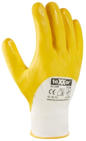 144 Stück teXXor teXXor® Polyester-Strickhandschuhe 2358, Nitril beschichtet, weiß-gelb, 10/XL, Karton, Nitrilhandschuhe, Strickhandschuhe, Arbeitshandschuhe