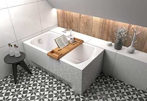 ECOLAM® Badewanne Wanne Rechteck Classic Polimat Design Acryl weiß 150x70 cm + Ablage Bambus + Schürze Ablaufgarnitur Ab- und Überlauf Automatik Füße Silikon Komplett-Set