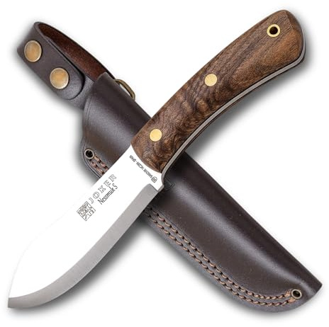 Joker Cuchillo de Caza Nessmuk S CN132, Mango Nogal, Hoja de 11 cm Sandvik 14C28N, con Funda de Cuero marrón, Herramienta de Pesca, Caza, Camping y Senderismo