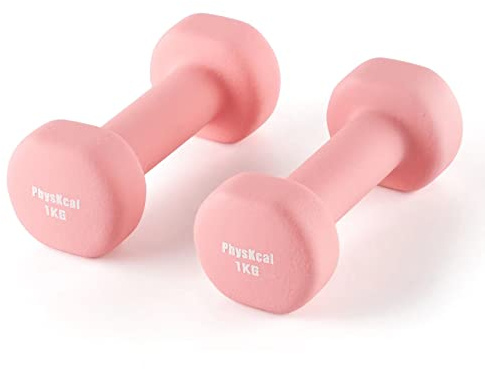 PhysKcal Dumbbells Set of 2 for Home Gym Exercise, Comfy To Hold Soft-touch Grip, Sweat-resistant Neoprene Coating, Pilates Cardio Hand Weights for Toning, Dumbbells in 0.5kg 1kg 1.5kg 2kg 3kg Pair