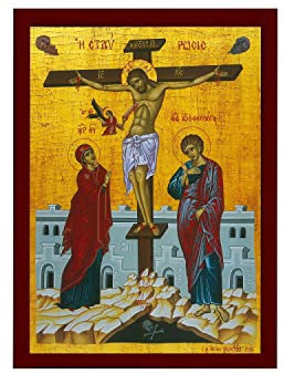 Die Kreuzigung-Ikone, Jesus Christus Heiliges Kreuz, handgefertigt, griechisch-orthodoxe Ikone, byzantinische Kunst, Wandbehang, Holzschild, religiöses Geschenk, 40 x 50 cm/Thema 2