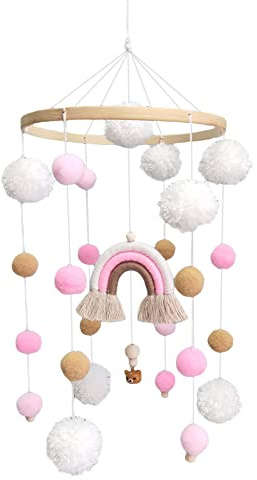 Mobile Baby, Babybett Mobile Windspiel, Baby Windspiel Krippe mit Filzbällen, Neugeborenen Kinderzimmer hängende Bettglocke, Holz Ornament Geschenk für Baby Mädchen Jungen